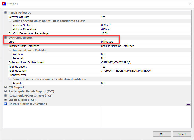 dxf parts import options change units
