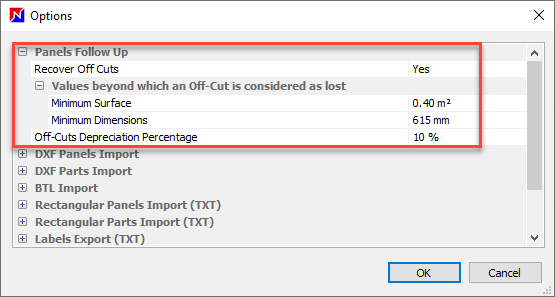 recoverable off-cut parameters