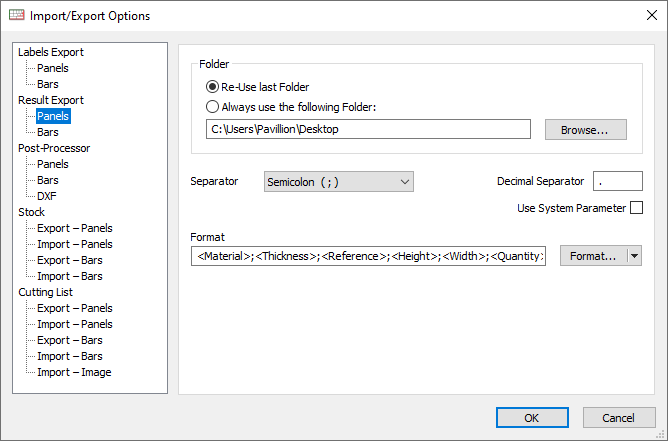 opticut data export settings
