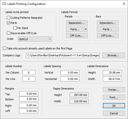opticut label set up