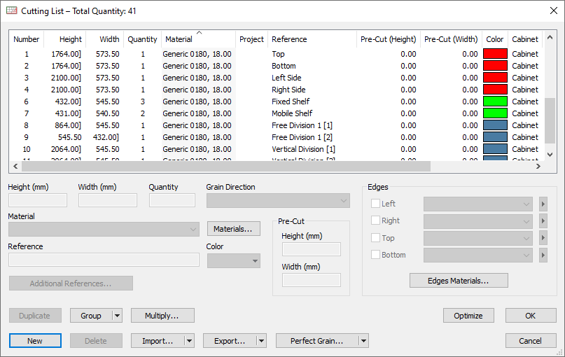 cutting list colour coding in opticut