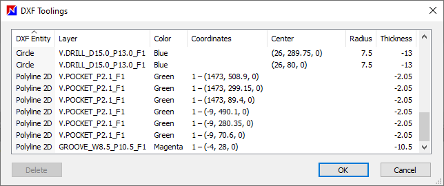 dxf toolings in each layer