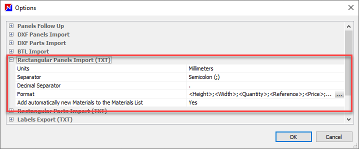 csv panel import options window
