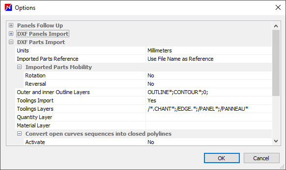 dxf parts import options