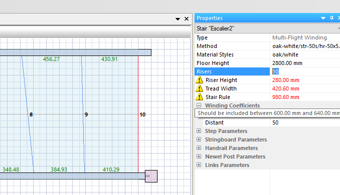 optimisation of stair parameters showing compliance warnings