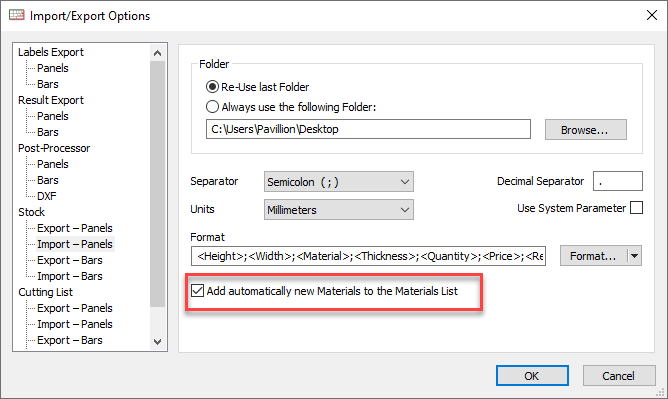 automatically add unknown materials to stock checkbox