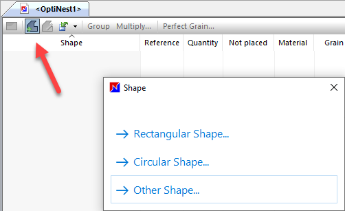 manual part creation options window in optinest