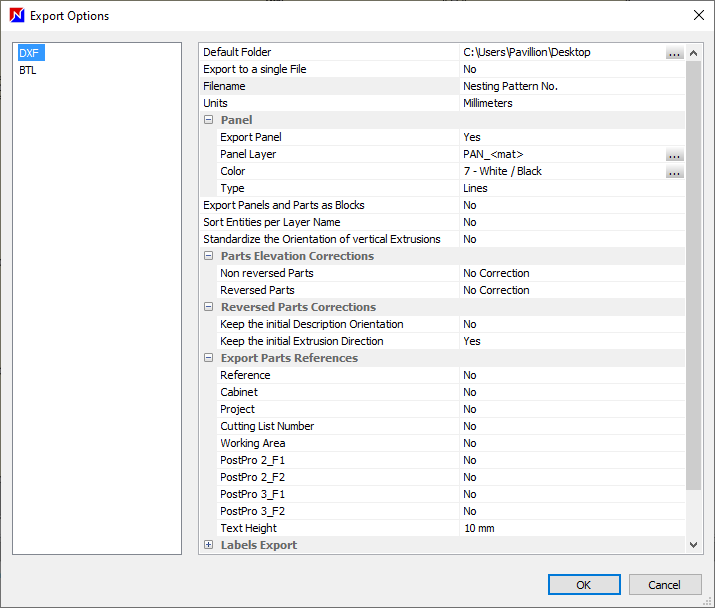 optinest's dxf export parameters window