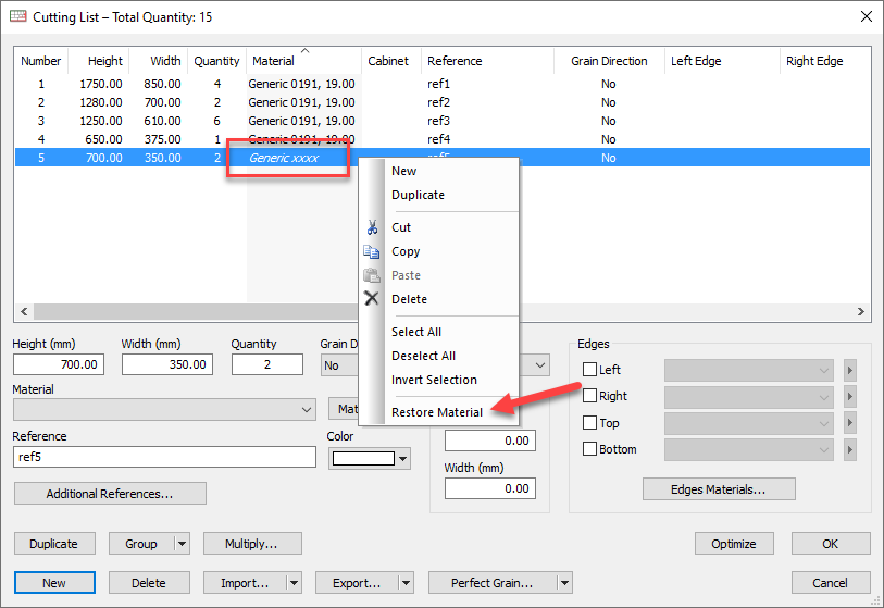 restore material option in opticut