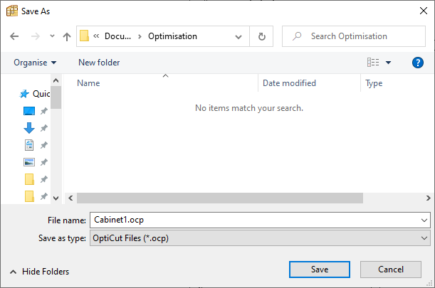 save opticut optimization file