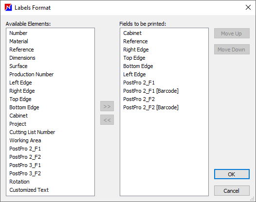 window to select which data fields to include on labels in optinest