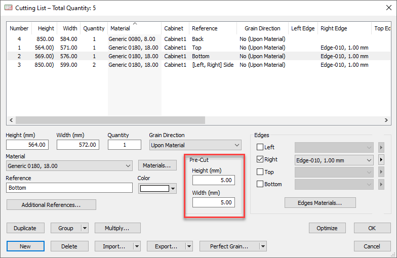 pre-cut settings in opticut