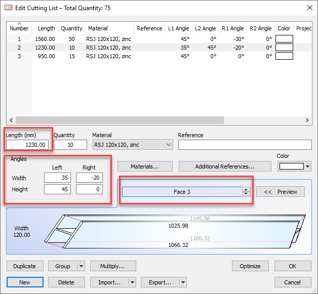 bar cutting list in opticut