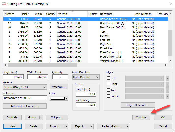 optimize button in cutting list window