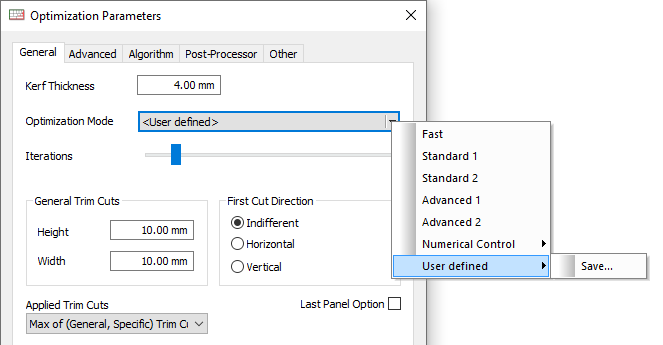 user defined optimization parameters