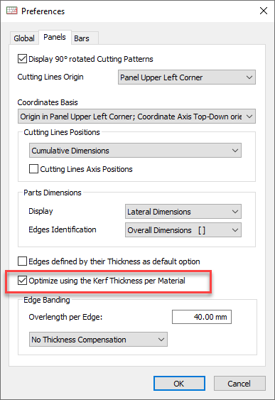kerf thickness per material setting in preferences
