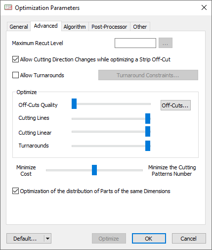 Optimization parameters advanced settings tab
