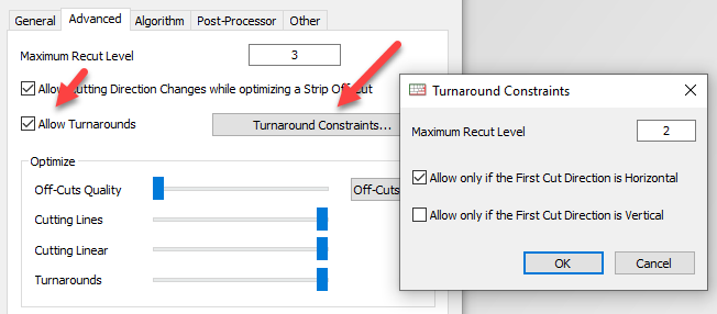 turnaround settings in opticut