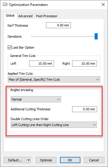 Optimization parameters window for bars