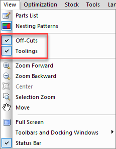 menu options to hide and display off-cuts and toolings