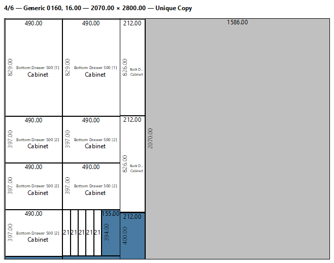 opticut printed optimization report showing panel cutting pattern