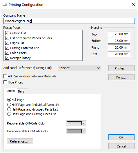 opticut printed report set up window