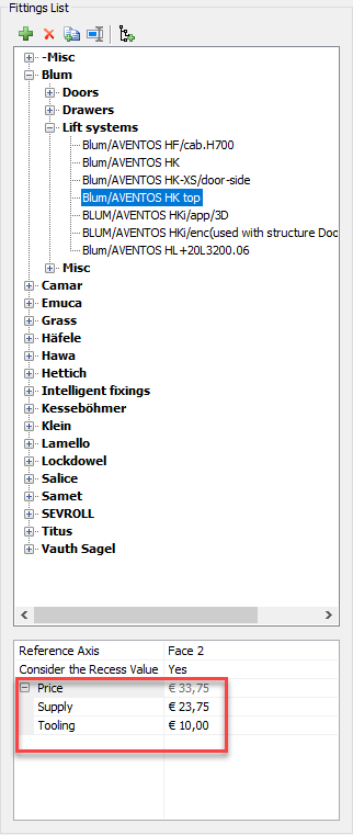hardware price configuration in fittings library