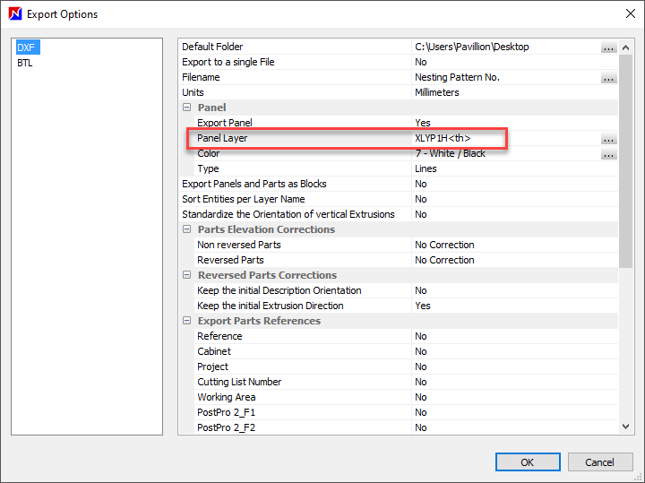 OptiNest DXF export parameters