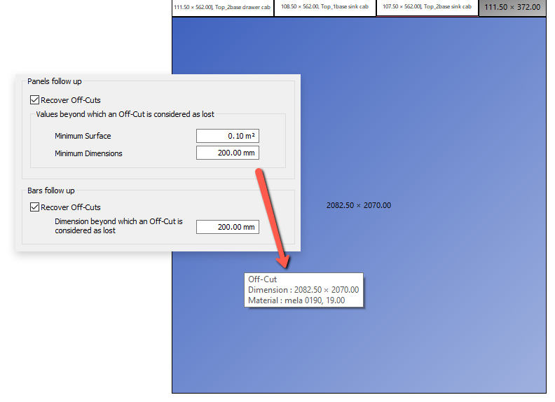 off-cut stock management in OptiCut sheet cutting optimization software