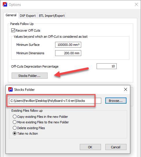 Stock folder window in OptiNest software