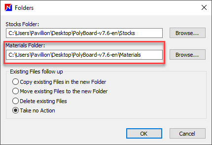 access path to the materials folder in the OptiNest software