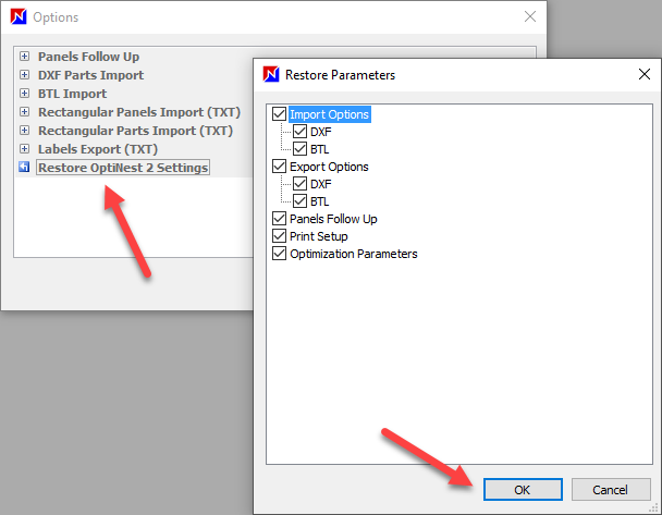 window for restoring parameters in the OptiNest software