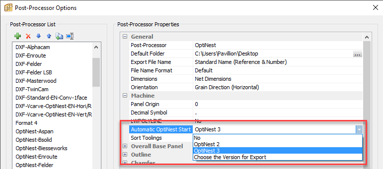 post-processor options window in OptiNest software