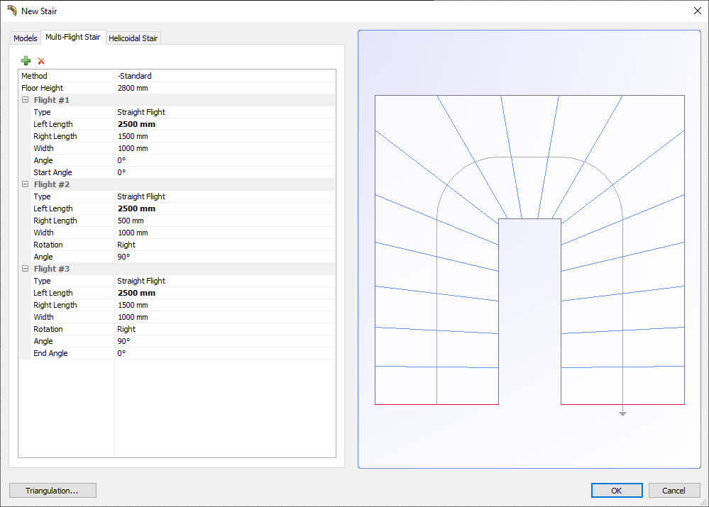 using the multi flight tool to calculate a u shaped stair
